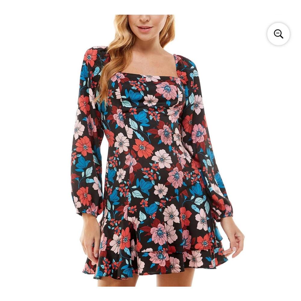 CITY STUDIO Women's Black Zip Up Lined Ruffle Floral Long Sleeve Square Neck Sho
